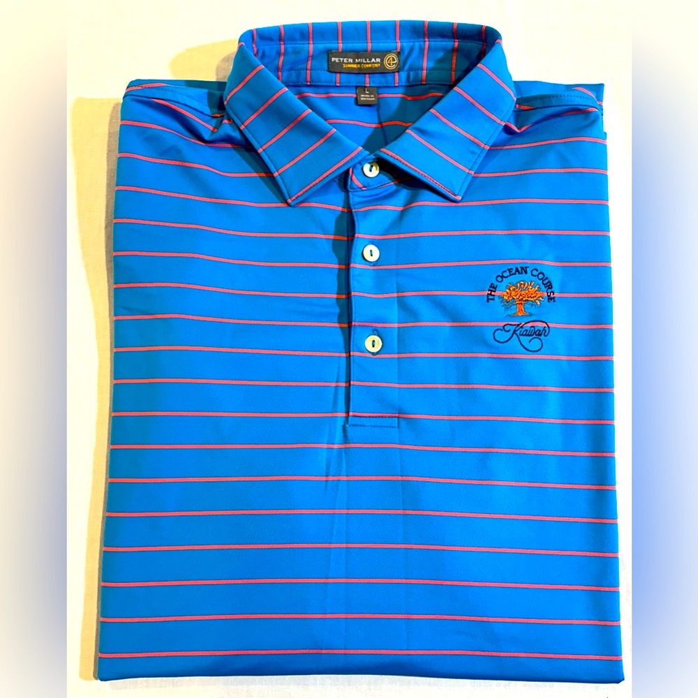 Peter Millar Summer Comfort SS Polo Blue/Orange Striped Men’s Size Large Kiawah